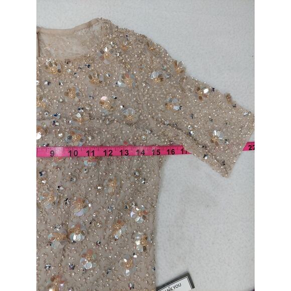 ADRIANNA PAPELL SZ 2 beige 3d floral beaded knee length nwt $249  b118 *flaw - Picture 11 of 11